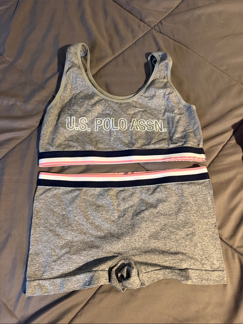 U.S. Polo Assn. Gray Athletic Bra and Shorts Set with Navy and Pink Trim